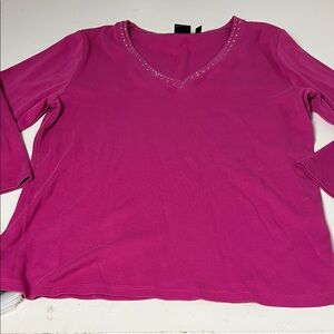 Rafaella Large Pink 3/4 Sleeve V Neck Bejewelled Studded Blouse